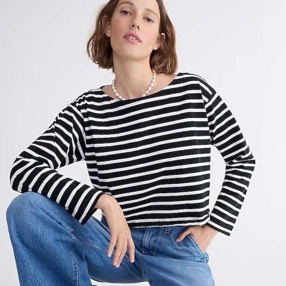 J. Crew Black Mariner Stripe Cropped Boatneck T-Shirt